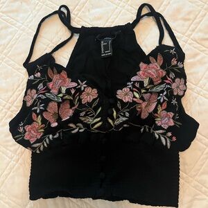 Forever 21 Floral Embroidered Black Top Size Small